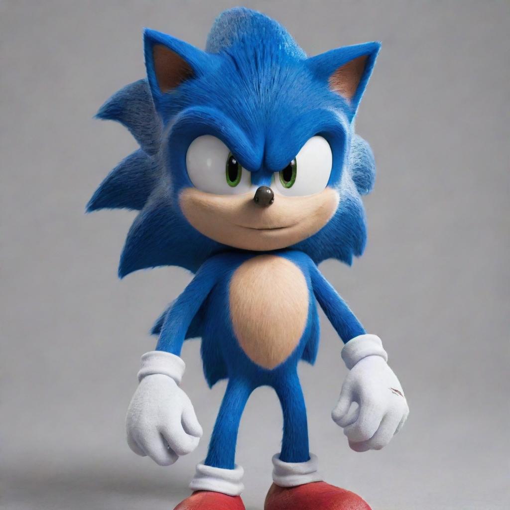 Generate an image of the character Sonic the Hedgehog resembling his appearance from the live-action movie.