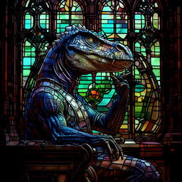 A pondering Velociraptor wearing a monocle in an aged Victorian library, gently touching its chin, mimicking 'The Thinker' pose, all while surrounded by grand stained glass windows, contemplating life's greatest mysteries.