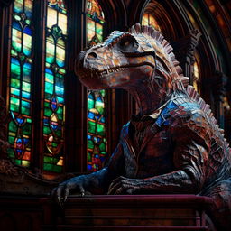 A pondering Velociraptor wearing a monocle in an aged Victorian library, gently touching its chin, mimicking 'The Thinker' pose, all while surrounded by grand stained glass windows, contemplating life's greatest mysteries.