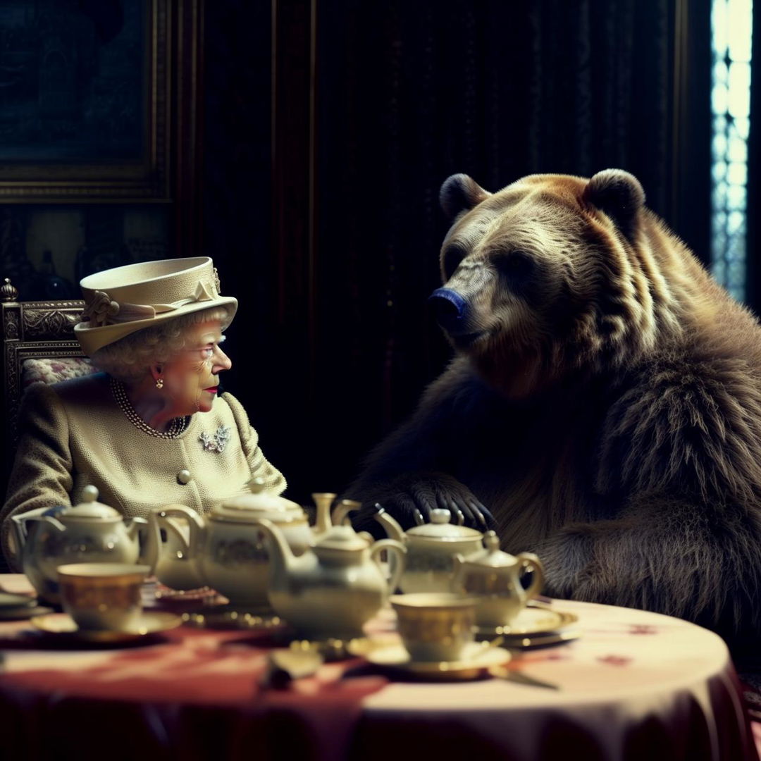 A grizzly bear sitting at an elegant high tea table with the Queen of England, both engaged in conversation.