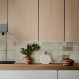 A cozy kitchen scene featuring soft tiled splash back balancing against rich timber cabinetry, and a small, delicate vase elegantly positioned. Capture the essence of architectural photography.