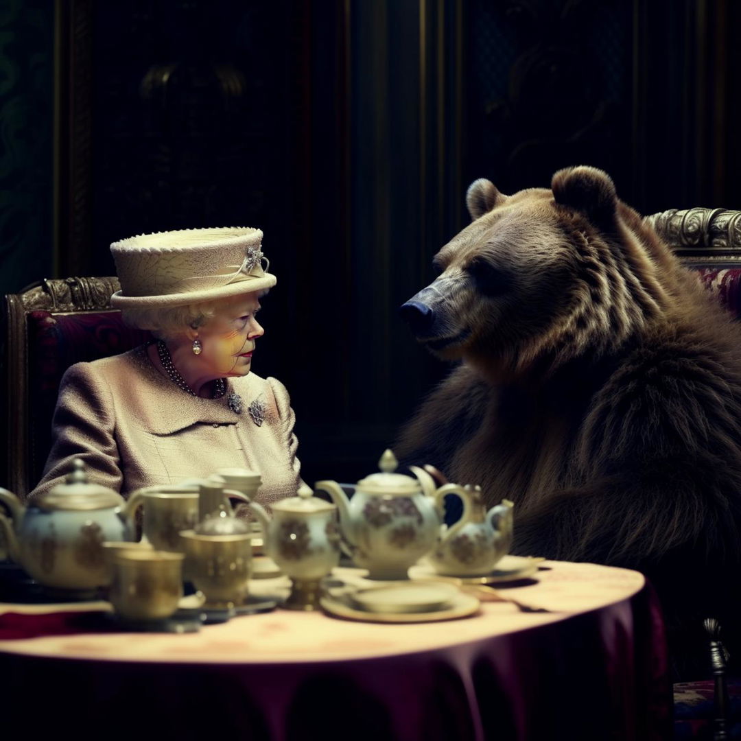 A grizzly bear sitting at an elegant high tea table with the Queen of England, both engaged in conversation.