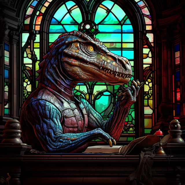 A philosophical Velociraptor, sporting a monocle, thoughtfully resting its chin in its claw in 'The Thinker' pose, nestled in an old Victorian library. The library is adorned with regal stained glass windows in the background.