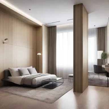 The modern minimalist apartment featured sleek, striate walls that added a sense of sophistication and elegance to the space.