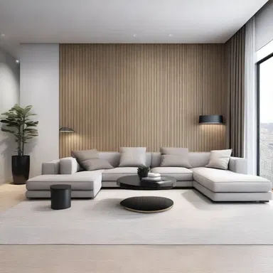 The modern minimalist apartment featured sleek, striate walls that added a sense of sophistication and elegance to the space.