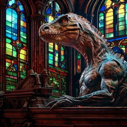 A philosophical Velociraptor, sporting a monocle, thoughtfully resting its chin in its claw in 'The Thinker' pose, nestled in an old Victorian library. The library is adorned with regal stained glass windows in the background.