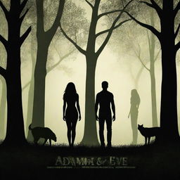 Create an imaginative movie poster for a film titled 'Adam and Eve'. Feature symbolic elements like an apple, a forest, and silhouettes of a man and a woman.