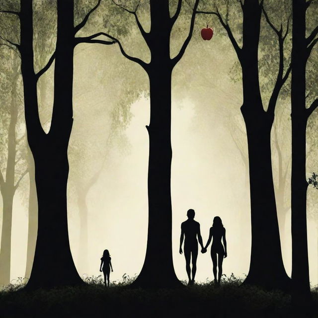 Create an imaginative movie poster for a film titled 'Adam and Eve'. Feature symbolic elements like an apple, a forest, and silhouettes of a man and a woman.