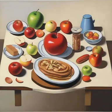The artist's painting showcases a table filled with food items, except for a single apple that is intentionally avoided as a symbolic representation.