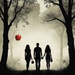 Create an imaginative movie poster for a film titled 'Adam and Eve'. Feature symbolic elements like an apple, a forest, and silhouettes of a man and a woman.