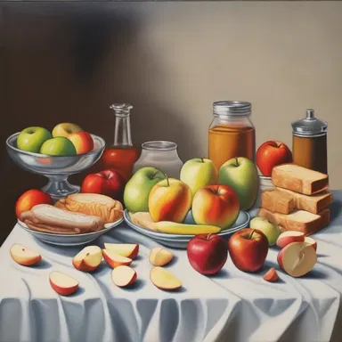 The artist's painting showcases a table filled with food items, except for a single apple that is intentionally avoided as a symbolic representation.