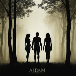 Create an imaginative movie poster for a film titled 'Adam and Eve'. Feature symbolic elements like an apple, a forest, and silhouettes of a man and a woman.