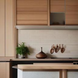 A cozy kitchen scene featuring soft tiled splash back balancing against rich timber cabinetry, and a small, delicate vase elegantly positioned. Capture the essence of architectural photography.