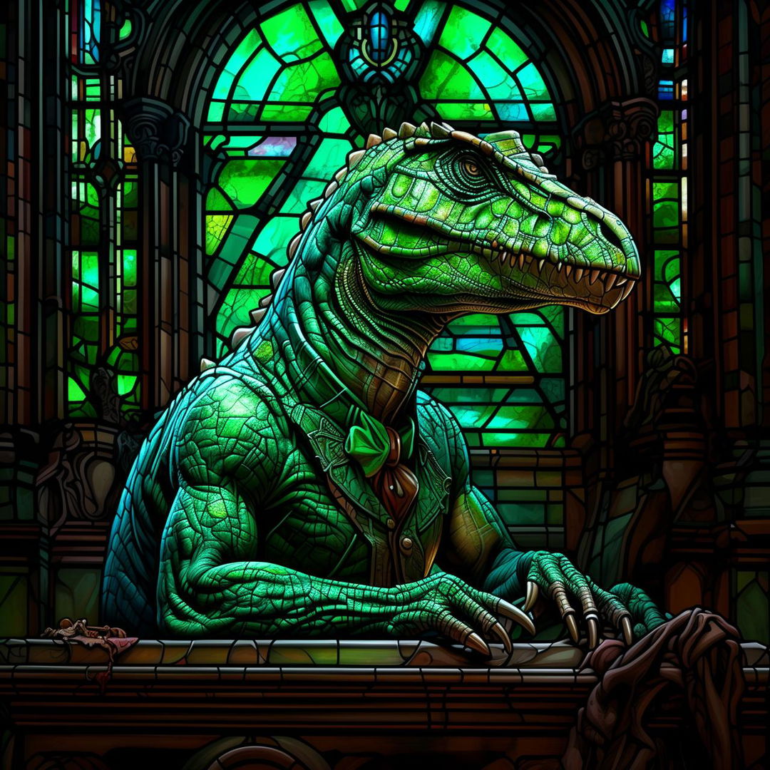 Hyper-realistically detailed, a green Velociraptor, adorned with a monocle, poised in deep thought as 'The Thinker' inside an aged Victorian library. Behind it, resplendent stained glass windows catch the light, emphasizing its contemplation of life's mysteries.