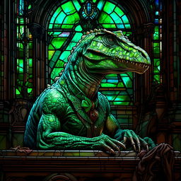 Hyper-realistically detailed, a green Velociraptor, adorned with a monocle, poised in deep thought as 'The Thinker' inside an aged Victorian library. Behind it, resplendent stained glass windows catch the light, emphasizing its contemplation of life's mysteries.