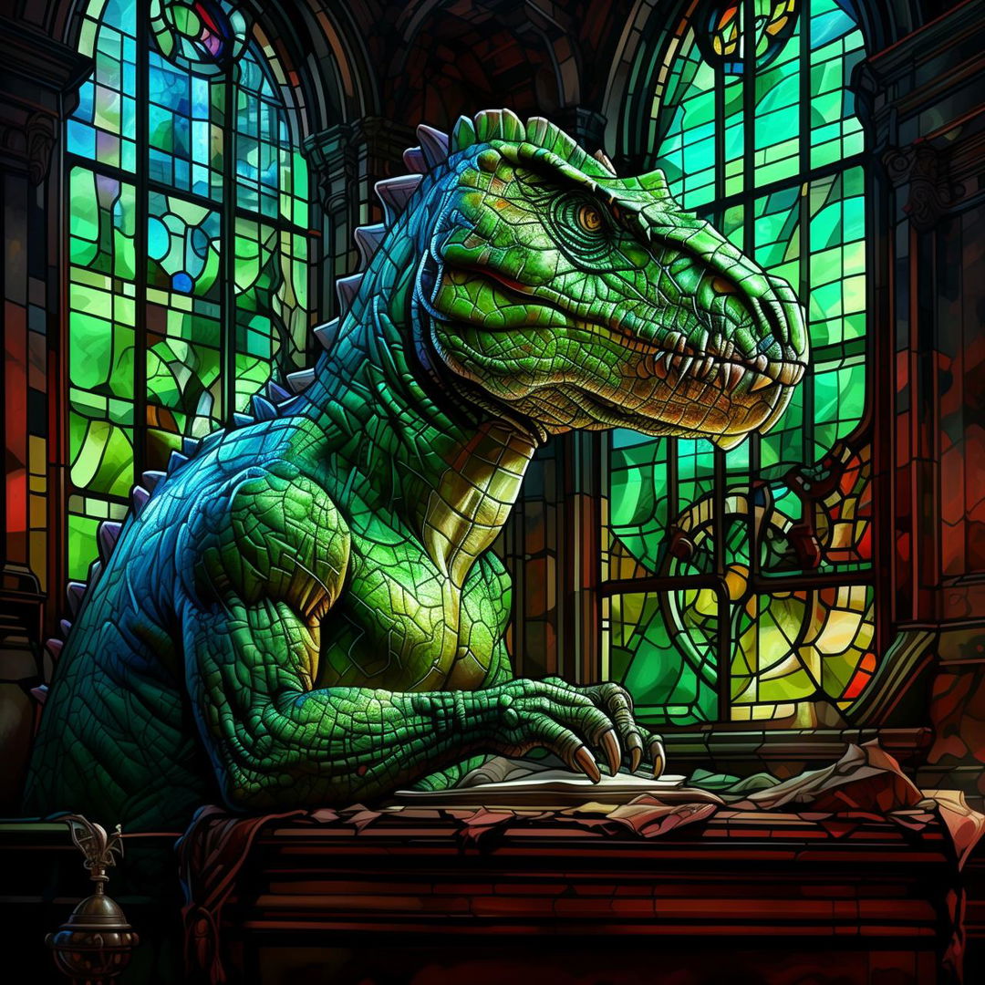 Hyper-realistically detailed, a green Velociraptor, adorned with a monocle, poised in deep thought as 'The Thinker' inside an aged Victorian library. Behind it, resplendent stained glass windows catch the light, emphasizing its contemplation of life's mysteries.