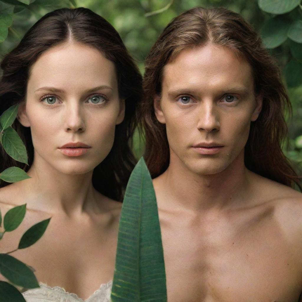 Modify the 'Adam and Eve' movie poster, this time displaying the faces of a man and woman instead of silhouettes.