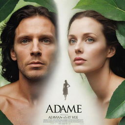 Modify the 'Adam and Eve' movie poster, this time displaying the faces of a man and woman instead of silhouettes.