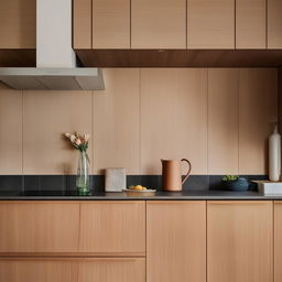 A cozy kitchen scene featuring soft tiled splash back balancing against rich timber cabinetry, and a small, delicate vase elegantly positioned. Capture the essence of architectural photography.