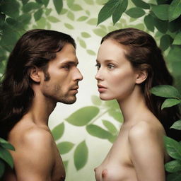 Modify the 'Adam and Eve' movie poster, this time displaying the faces of a man and woman instead of silhouettes.