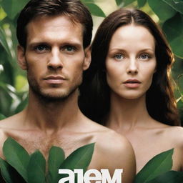 Modify the 'Adam and Eve' movie poster, this time displaying the faces of a man and woman instead of silhouettes.