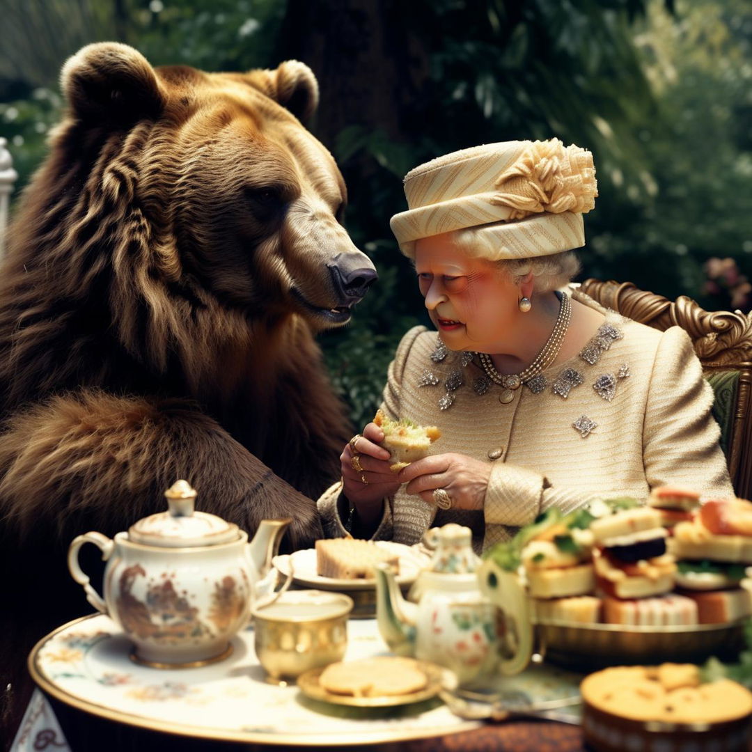 A grizzly bear and the Queen of England enjoying high tea in a royal garden, consuming honey sandwiches together.