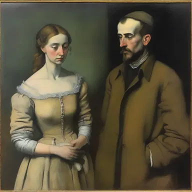In the painting, two figures are depicted with cold gazes and distant body language, portraying a sense of estrangement.