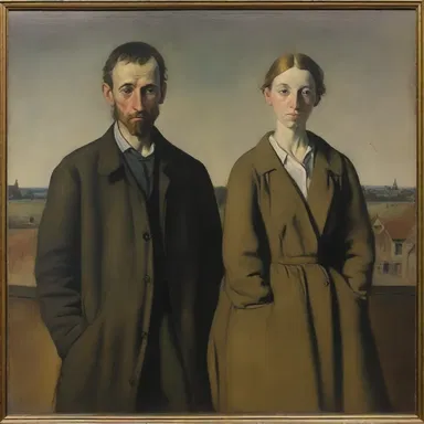 In the painting, two figures are depicted with cold gazes and distant body language, portraying a sense of estrangement.