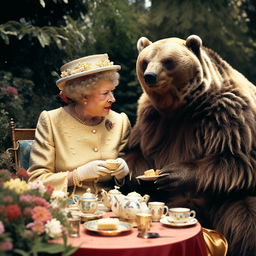 A grizzly bear and the Queen of England enjoying high tea in a royal garden, consuming honey sandwiches together.