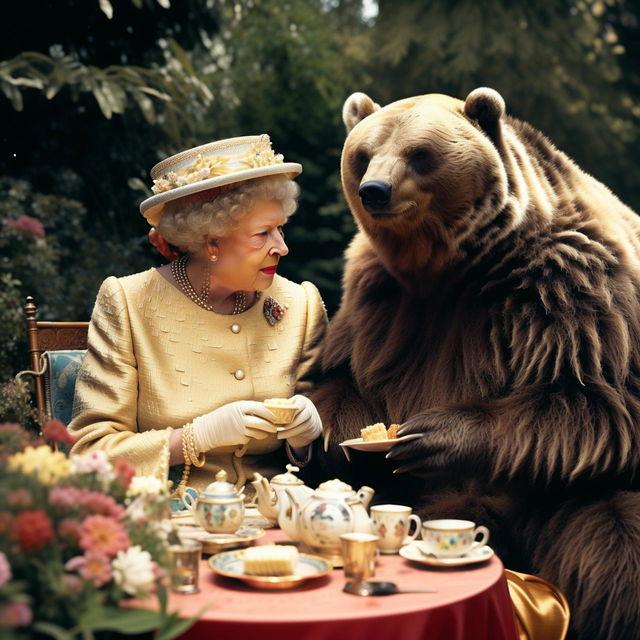 A grizzly bear and the Queen of England enjoying high tea in a royal garden, consuming honey sandwiches together.