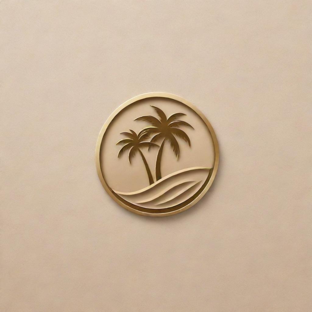 Design a luxurious and enticing logo for a high-end resort. Make it elegant, with a depiction of palm trees, sand, and crystal clear water.