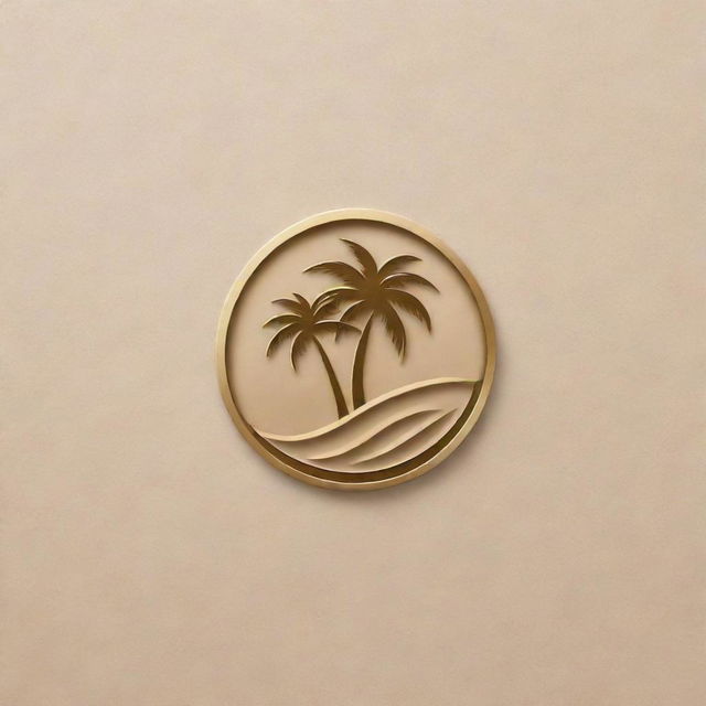 Design a luxurious and enticing logo for a high-end resort. Make it elegant, with a depiction of palm trees, sand, and crystal clear water.