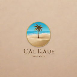 Design a luxurious and enticing logo for a high-end resort. Make it elegant, with a depiction of palm trees, sand, and crystal clear water.