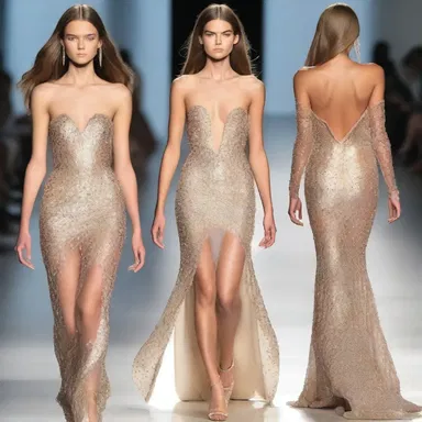 The runway model strutted down the catwalk wearing a glamorous gown embellished with sparkling sequins.