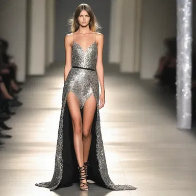 The runway model strutted down the catwalk wearing a glamorous gown embellished with sparkling sequins.