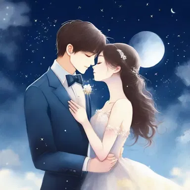 Under the moonlit sky, their first kiss was accompanied by the sparkling twinkle of distant stars.