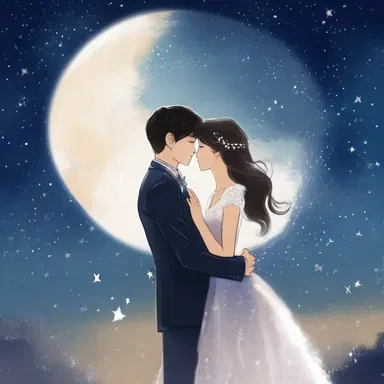 Under the moonlit sky, their first kiss was accompanied by the sparkling twinkle of distant stars.