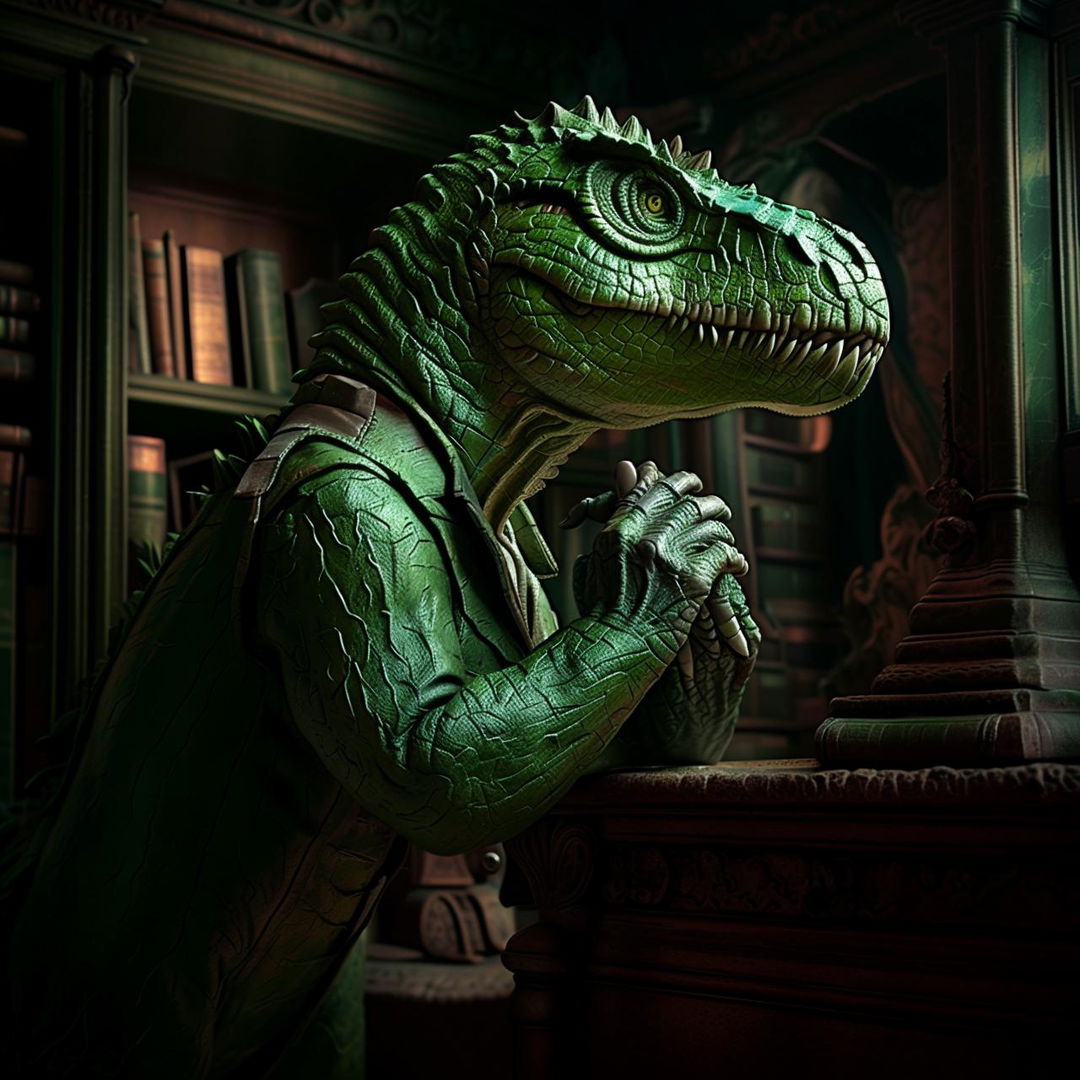 A green Velociraptor with a monocle, assuming 'The Thinker' pose in an aged Victorian library. Profoundly detailed, it rests its chin, deep in contemplation of life's greatest mysteries, reflecting a sense of deep philosophical pondering.