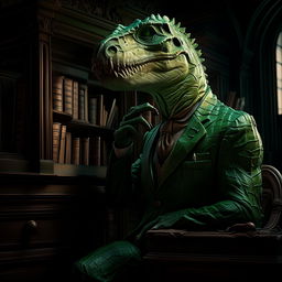 A green Velociraptor with a monocle, assuming 'The Thinker' pose in an aged Victorian library. Profoundly detailed, it rests its chin, deep in contemplation of life's greatest mysteries, reflecting a sense of deep philosophical pondering.