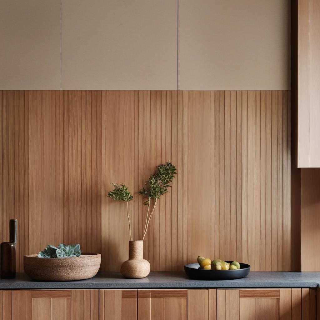 A cozy kitchen scene featuring soft tiled splash back balancing against rich timber cabinetry, and a small, delicate vase elegantly positioned. Capture the essence of architectural photography.