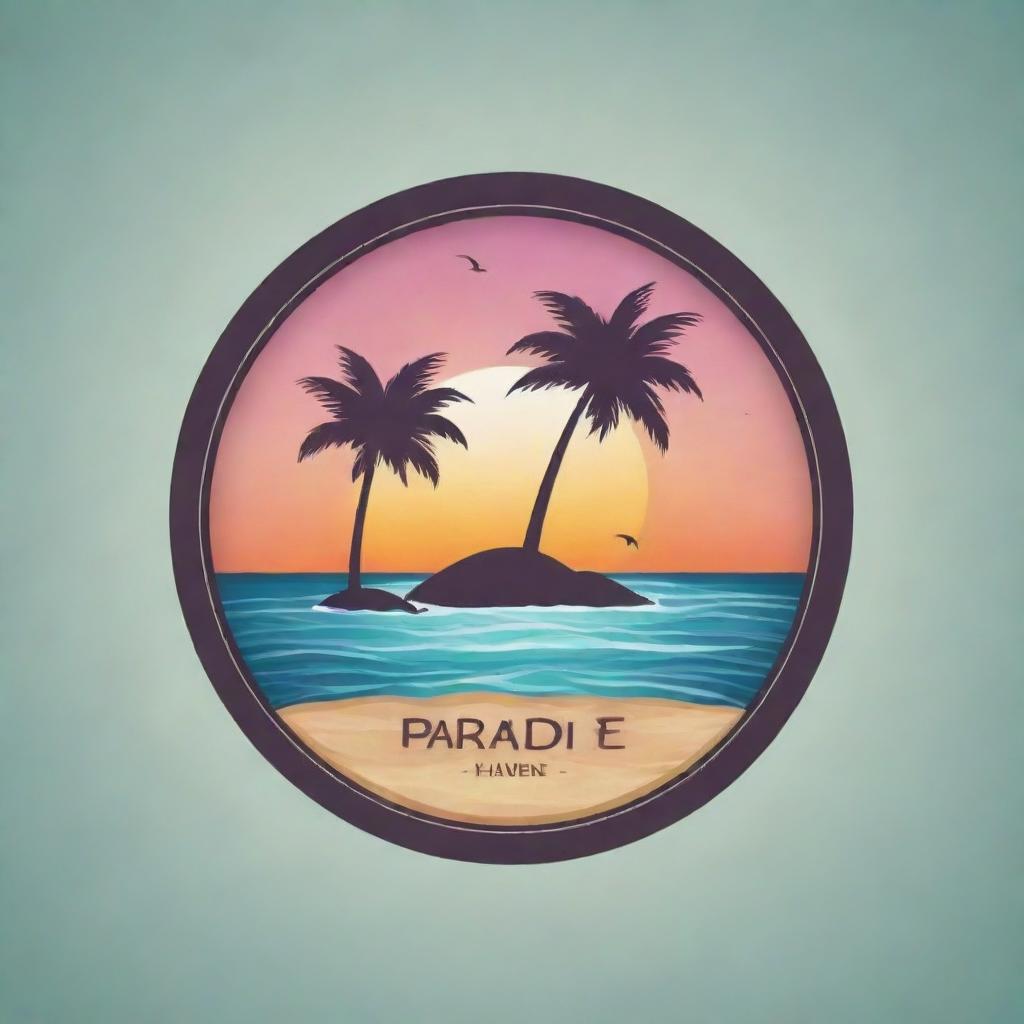 Create an unique and spectacular resort logo incorporating the name 'Paradise Haven'. The design should exudes relaxation and luxury, featuring elements such as palm trees, sunsets, and ocean waves.