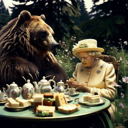 A distant view of a grizzly bear and the Queen of England enjoying high tea in a royal garden, eating honey sandwiches.