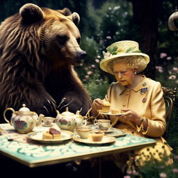 A distant view of a grizzly bear and the Queen of England enjoying high tea in a royal garden, eating honey sandwiches.