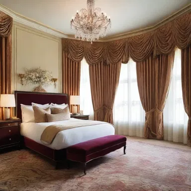 The newly renovated bedroom with its luxurious velvet curtains, plush carpet, and ornate details made the homeowner feel like she was in seventh heaven.