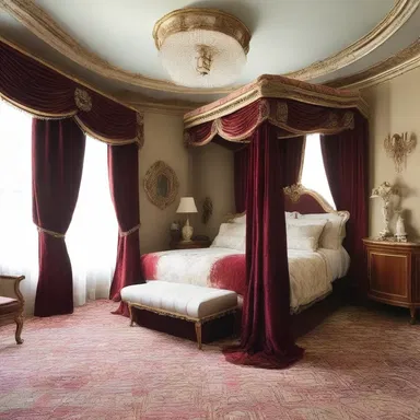 The newly renovated bedroom with its luxurious velvet curtains, plush carpet, and ornate details made the homeowner feel like she was in seventh heaven.