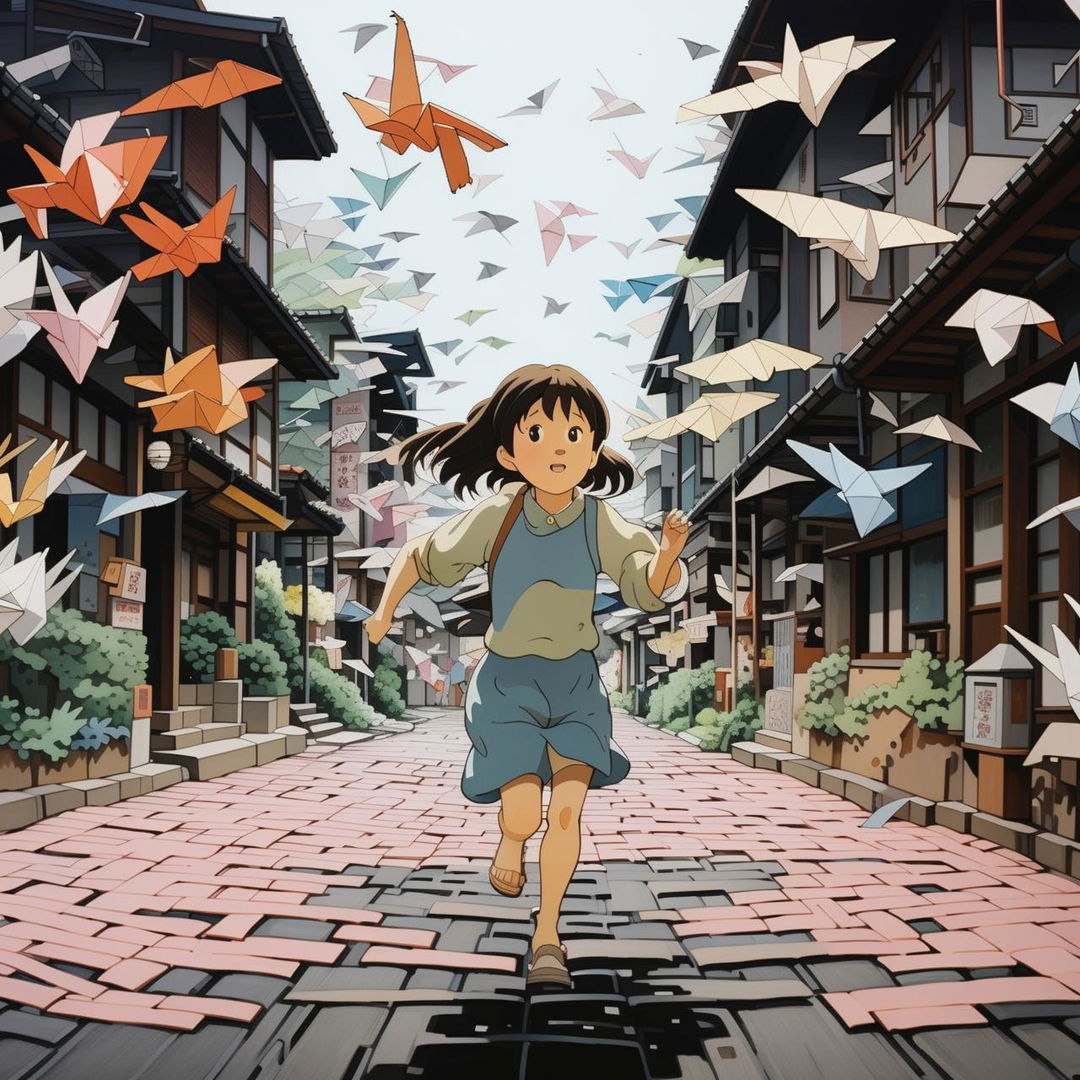 Studio Ghibli-inspired scene of a young girl in awe as she runs through a quaint Japanese town street, surrounded by hundreds of paper origami cranes in flight.