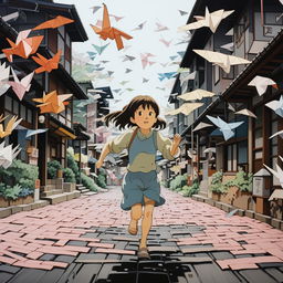 Studio Ghibli-inspired scene of a young girl in awe as she runs through a quaint Japanese town street, surrounded by hundreds of paper origami cranes in flight.