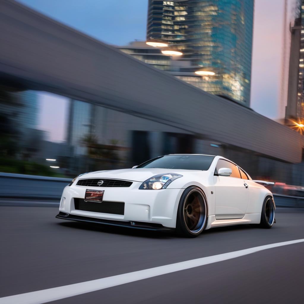 A pristine, white Nissan G35, amplified by an assertive body kit. Phat, glittering rims underneath catch the eye, complementing the car's streamlined elegance. The scene is a blurred cityscape at twilight, making the car pop.