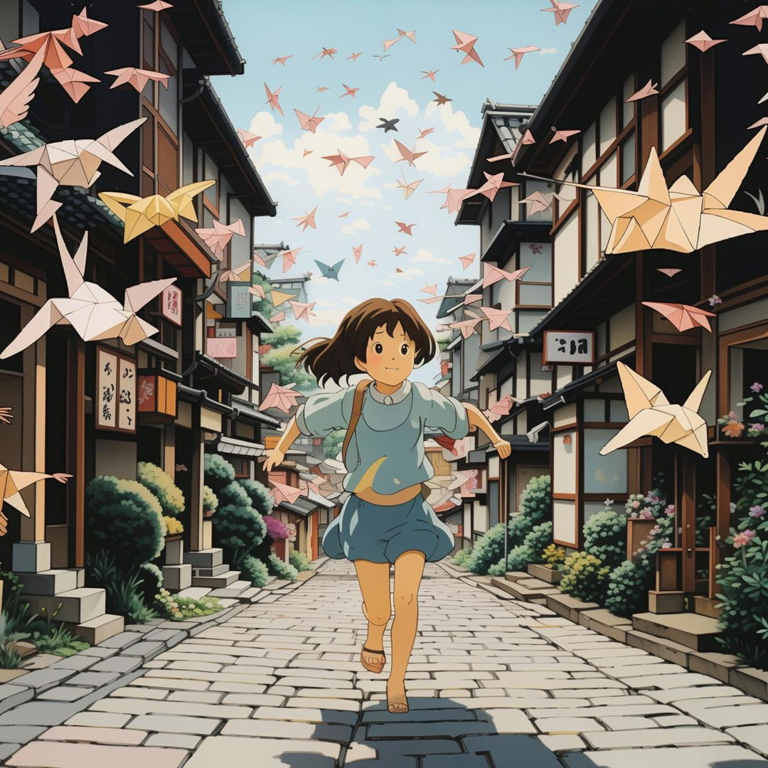 Studio Ghibli-inspired scene of a young girl in awe as she runs through a quaint Japanese town street, surrounded by hundreds of paper origami cranes in flight.