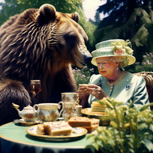 From a 10-meter distance, observe a grizzly bear and the Queen of England enjoying high tea in a royal garden, eating honey sandwiches together.